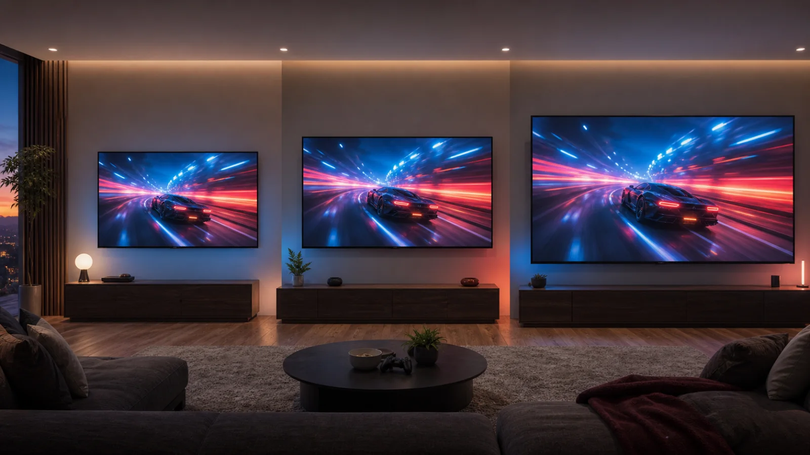 Three gaming televisions in 55, 65, and 75-inch proportions in a modern living room