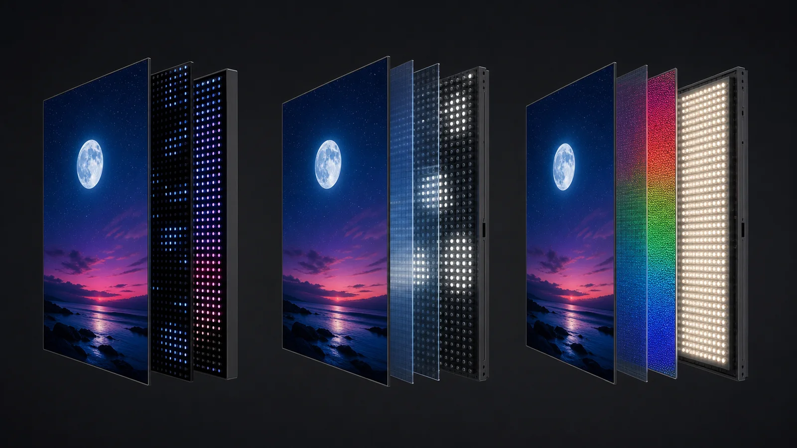 Three editorial display cutaways illustrating self-lit pixels, a zoned Mini-LED backlight, and a quantum-dot LCD layer