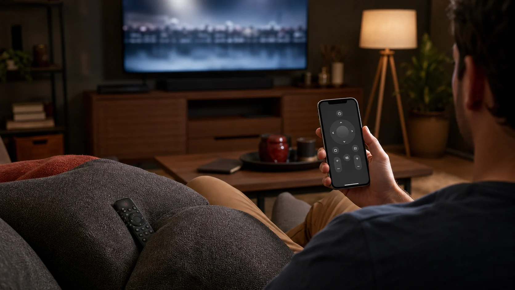 A person using a smartphone to control and share content with a television