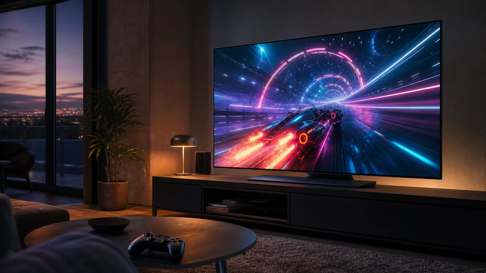 A modern television showing a colorful racing game in a living room at dusk