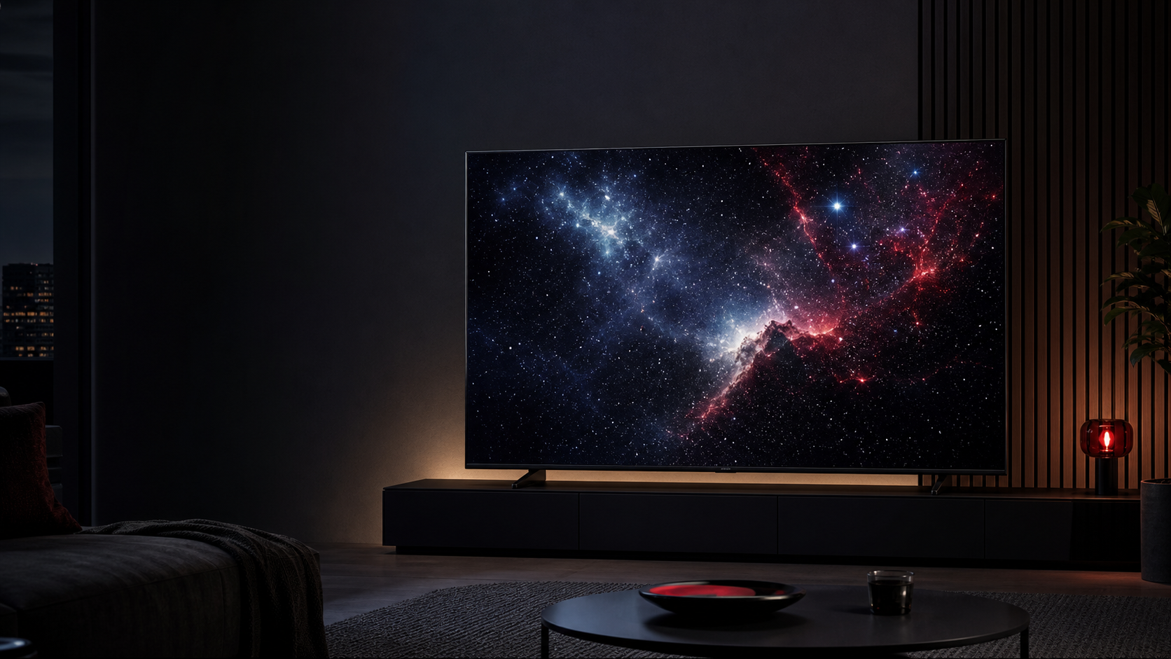 A modern 65-inch television glowing in a dark living room